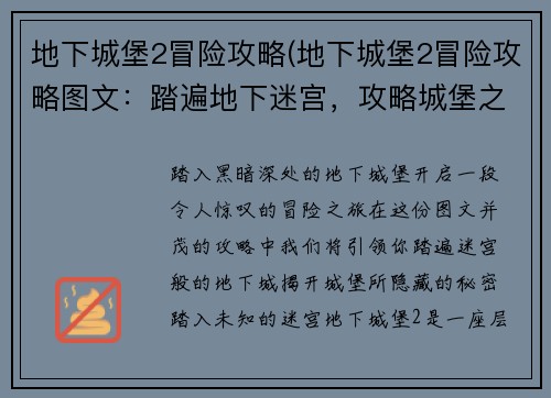 地下城堡2冒险攻略(地下城堡2冒险攻略图文：踏遍地下迷宫，攻略城堡之谜)